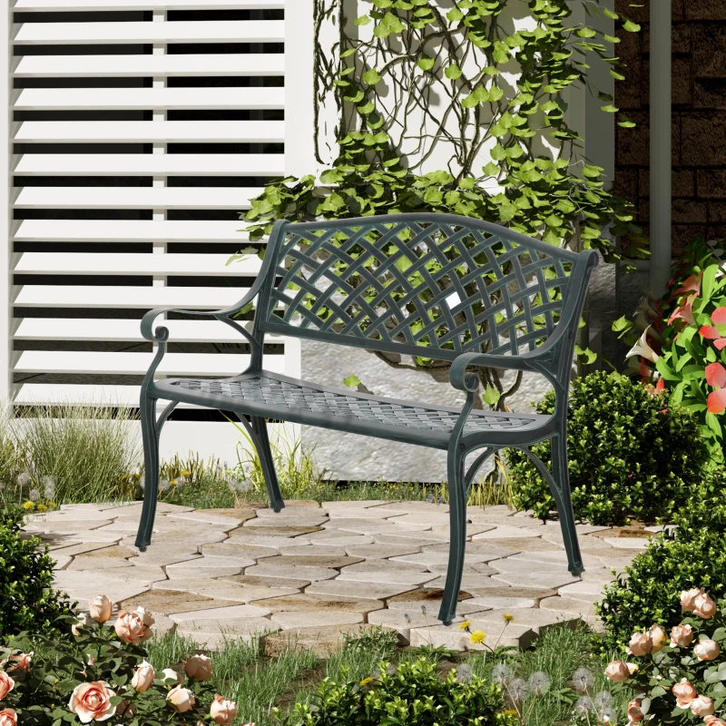 Outsunny Metal Garden Bench for Front Porch, Loveseat Like 2 Person, Armrests, Copper Color Cast Aluminum, Weaving Latticework Outdoor Furniture, Verdigris Green