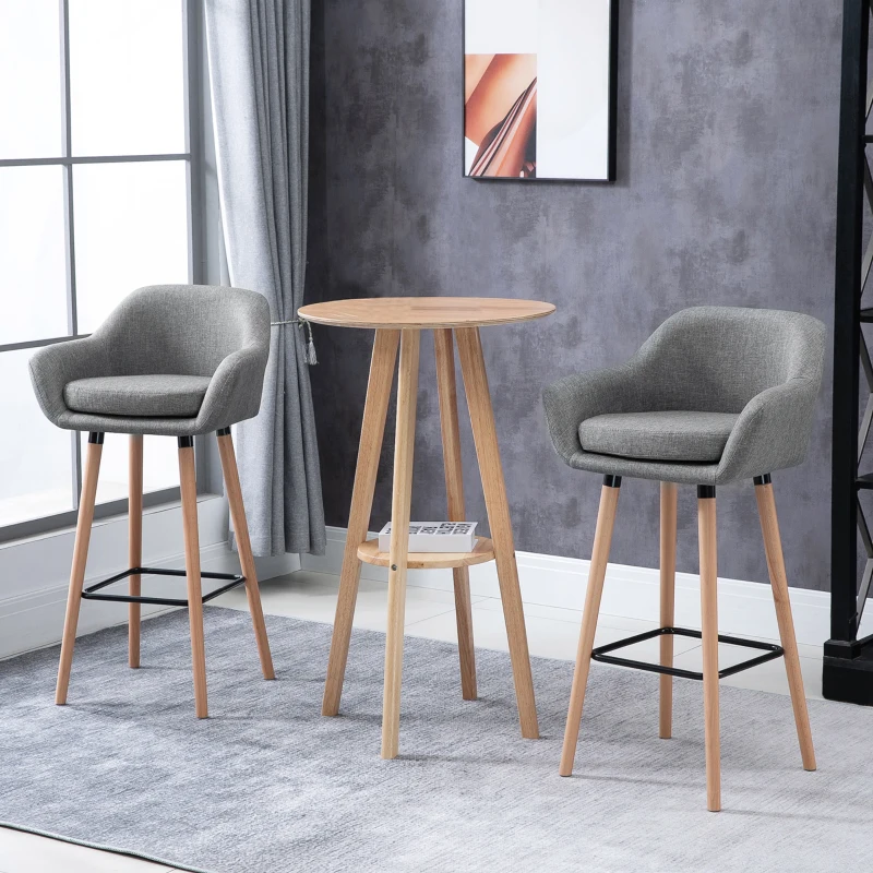 HOMCOM Set of 2 Bar Stools Modern Upholstered Seat Bar Chairs w/ Metal Frame, Solid Wood Legs Living Room Dining Room Fabric Furniture - Grey