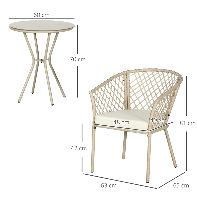 Outsunny Rattan Tuinmeubelset, 2 Stoelen en Tafel, Gehard Glas Tafelblad, PE Rattan, Zitkussens, Metalen Frame, Khaki