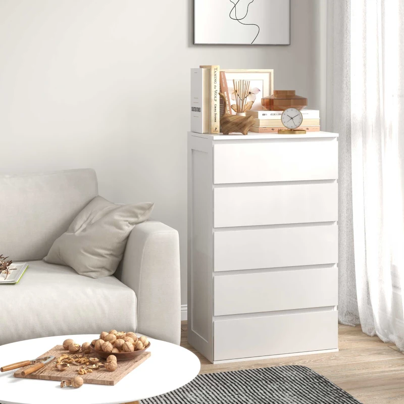 HOMCOM Commode 5 tiroirs meuble de rangement sans poignées design minimaliste 60 x 38 x 100 cm blanc