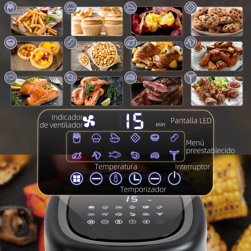 HOMCOM Freidora sin Aceite 3L Freidora de Aire Caliente 1300W con 12 Programas Pantalla LED Táctil Temporizador Temperatura Ajustable y Cesta Antiadherente 29,5x23,8x30,3 cm Negro