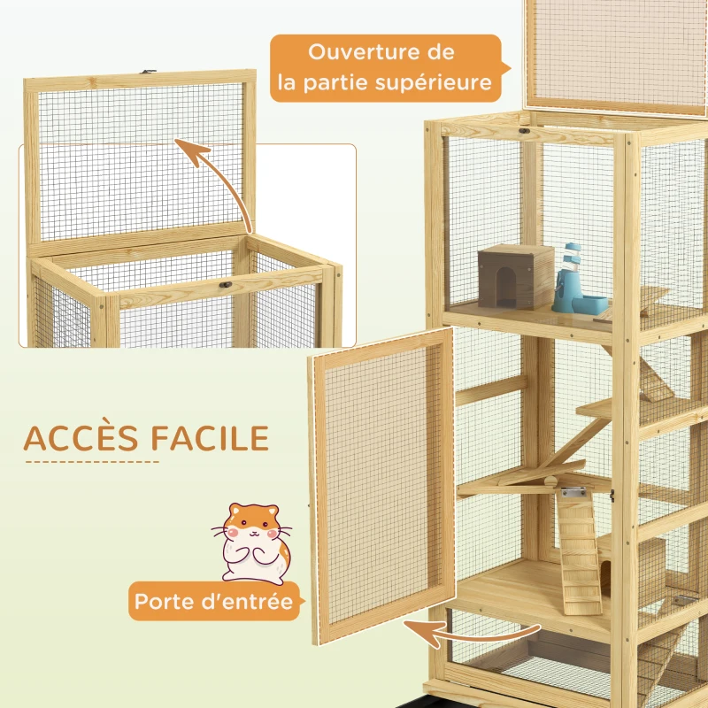 PawHut Cage pour hamsters ou petits animaux en bois 5 niveaux avec échelle niche balançoire 54 x 38 x 131 cm naturel
