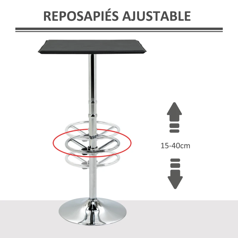 HOMCOM Mesa Alta de Bar Cuadrada con Reposapiés Ajustable y Marco de Metal para Salón Comedor 62x62x110 cm Negro y Plata