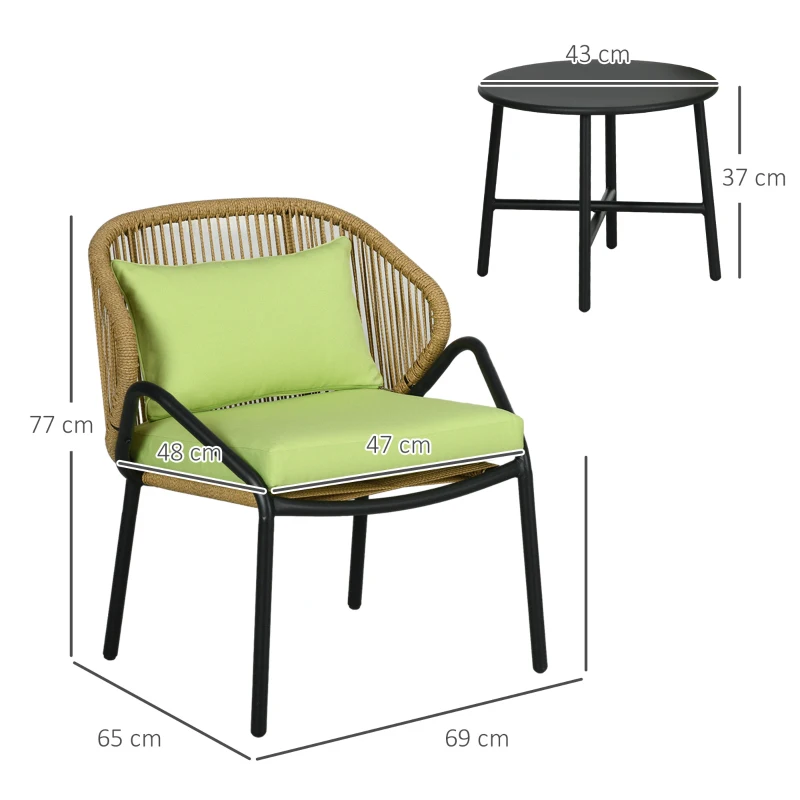 Outsunny Rattan Terrasmeubelset, 3-delig, zit- en rugkussens, kunstrattan, metalen frame, groen