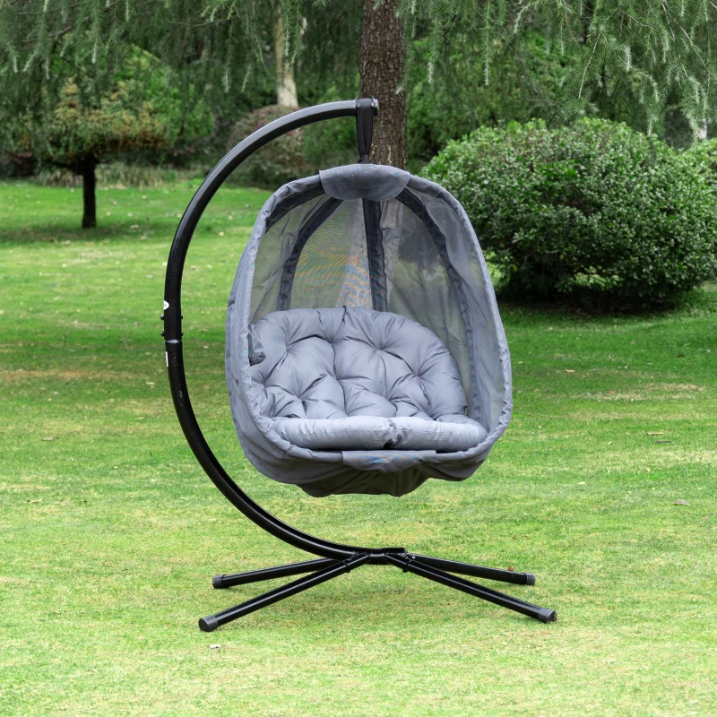 Outsunny Hanging Egg Chair, Folding Texteline Swing Hammock with Side Pocket, Cushion and Stand for Indoor Outdoor, Patio Garden Furniture, Grey