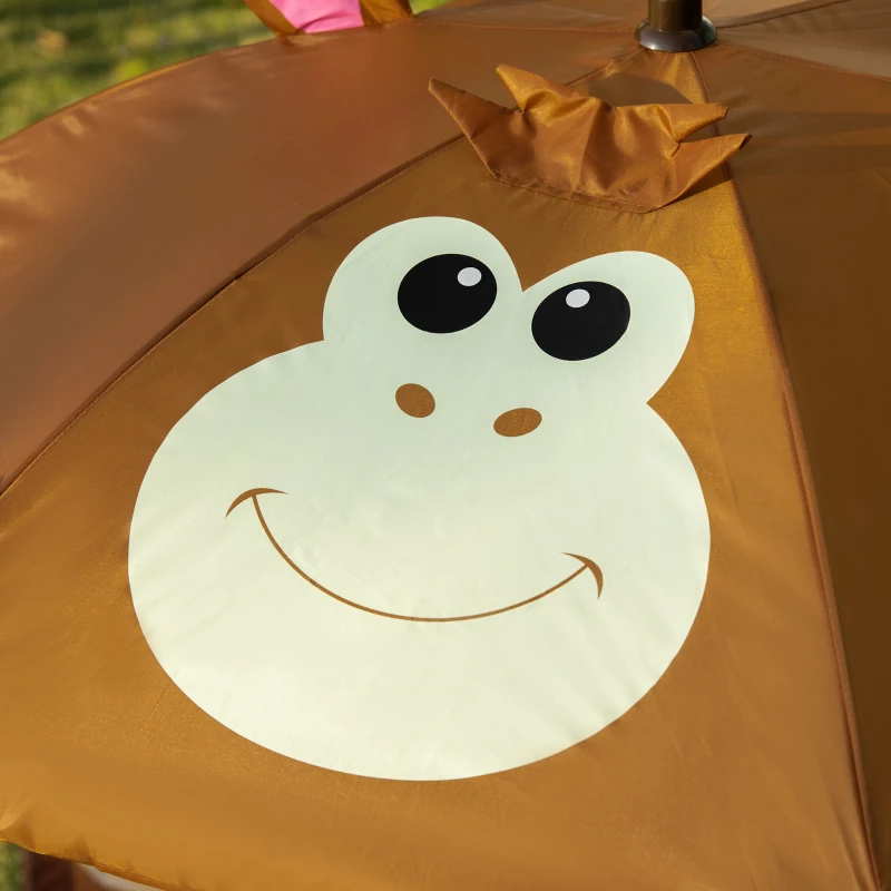 Outsunny Kids Bistro Table and Chair Set, Outdoor Folding Garden Furniture w/Monkey Design, Removable, Adjustable Sun Umbrella, Ages 3-6 Years - Brown