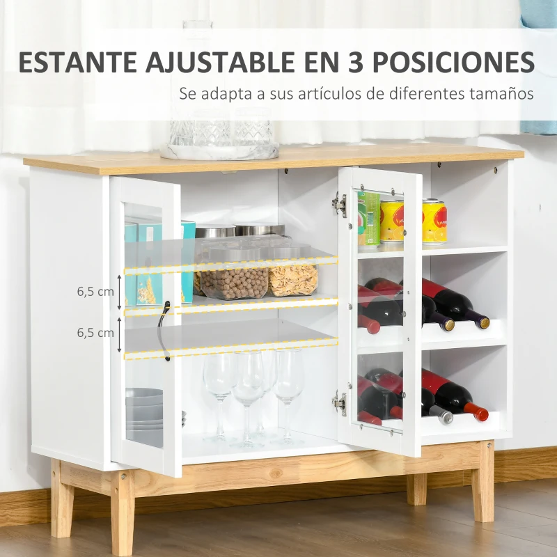 HOMCOM Aparador de Cocina con 2 Botelleros para 8 Botellas de Vino Armario de 2 Puertas de Cristal y Estantes Abiertos Moderno para Comedor Bar 103x34x80 cm Blanco y Roble