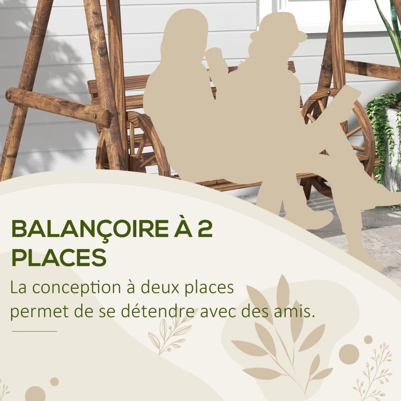 Outsunny Balancelle de jardin 2 places en bois avec accoudoirs Roues Charrette pour le jardin - dim. 200L x 137l x 167H cm