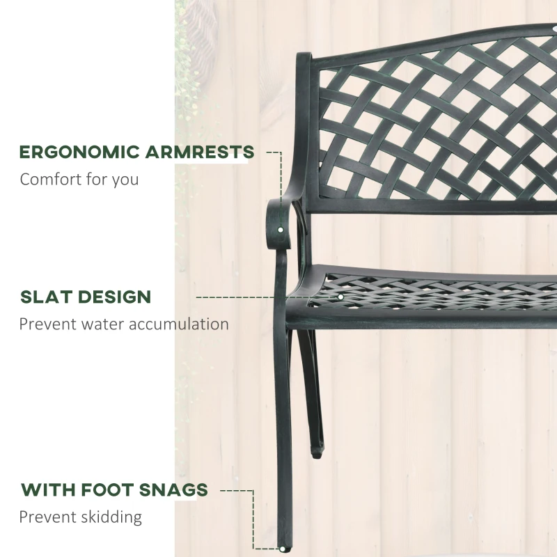 Outsunny Metal Garden Bench for Front Porch, Loveseat Like 2 Person, Armrests, Copper Color Cast Aluminum, Weaving Latticework Outdoor Furniture, Verdigris Green