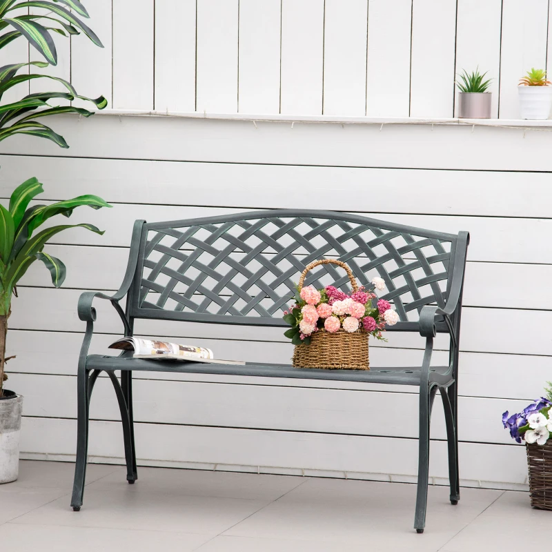 Outsunny Metal Garden Bench for Front Porch, Loveseat Like 2 Person, Armrests, Copper Color Cast Aluminum, Weaving Latticework Outdoor Furniture, Verdigris Green