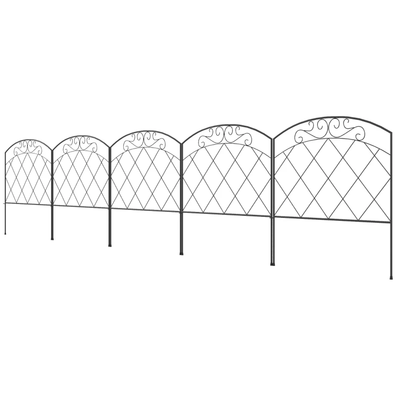 Outsunny Cercas de Jardim 305x61 cm Conjunto de 5 Cercas Decorativas para Jardim de Metal Barreira para Animais para Pátio Preto
