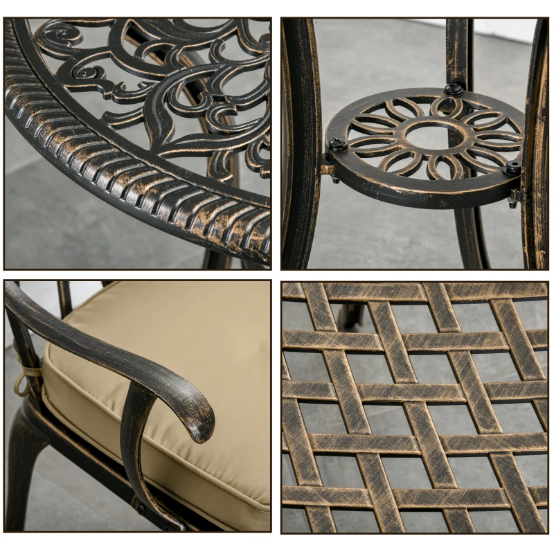 Outsunny 3 Piece Cast Aluminium Garden Bistro Set for 2 with Parasol Hole, Outdoor Coffee Table Set with Cushions - Bronze