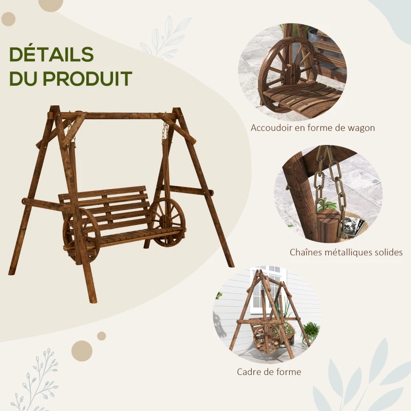 Outsunny Balancelle de jardin 2 places en bois avec accoudoirs Roues Charrette pour le jardin - dim. 200L x 137l x 167H cm