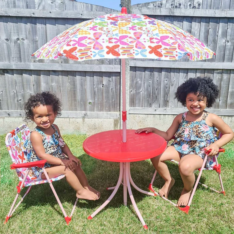 Outsunny Kids Folding Picnic Table Chair Set Color Stripes Outdoor w/ Parasol