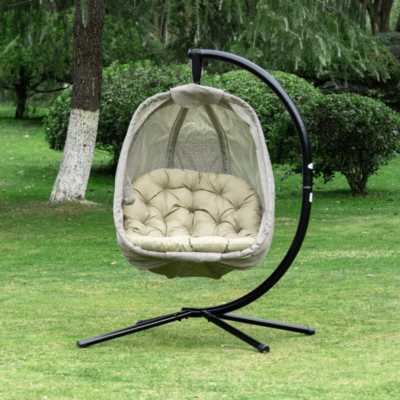 Outsunny Hanging Egg Chair, Folding Texteline Swing Hammock with Side Pocket, Cushion and Stand for Indoor Outdoor, Patio Garden Furniture, Khaki