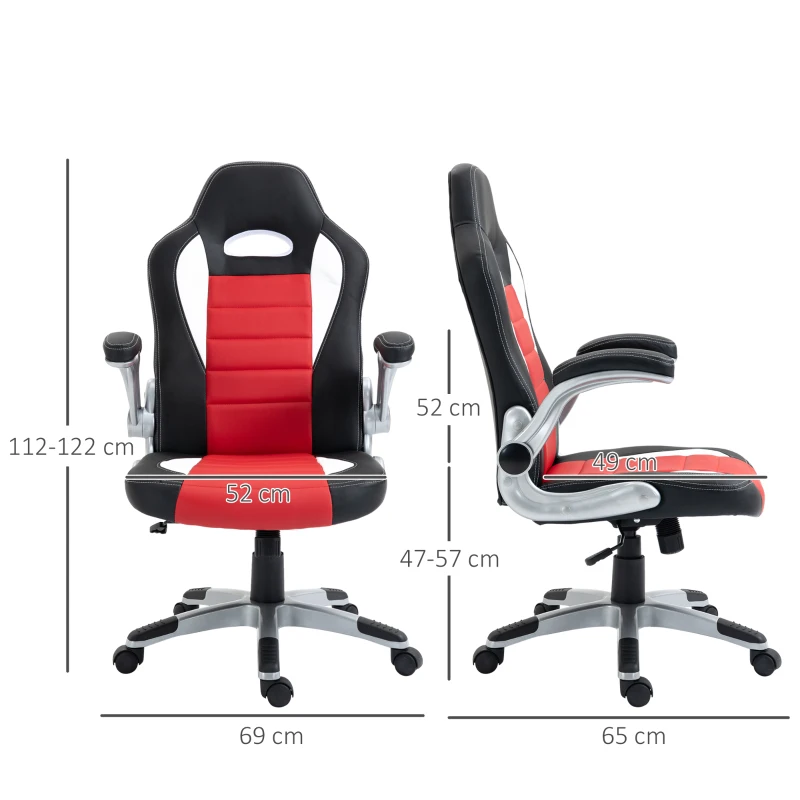 HOMCOM Silla de Oficina Ajustable Silla de Despacho con Reposabrazos Abatibles 5 Ruedas Carga 120 kg 65x69x112-122 cm Rojo