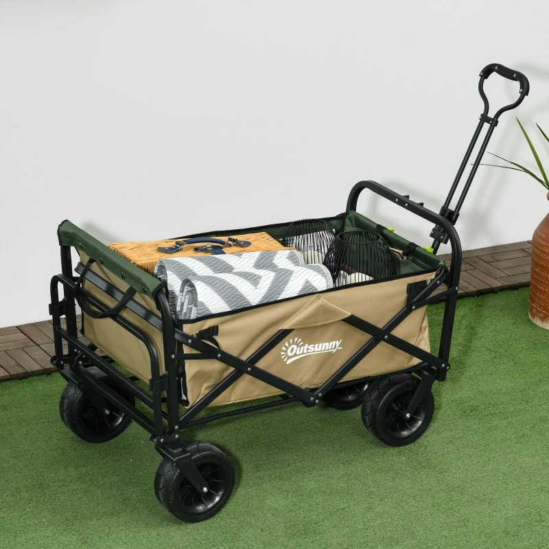 Outsunny Opvouwbare Bolderkar, 110 L, tot 100 kg, Telescopische handgreep, Stalen frame, 94 x 57 x 77-100 cm, Khaki