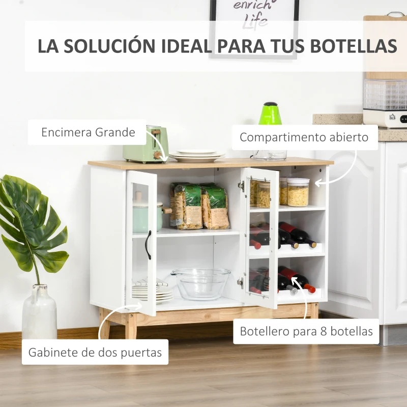 HOMCOM Aparador de Cocina con 2 Botelleros para 8 Botellas de Vino Armario de 2 Puertas de Cristal y Estantes Abiertos Moderno para Comedor Bar 103x34x80 cm Blanco y Roble