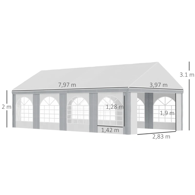 Outsunny 8 x 4m Galvanised Party Tent, Marquee Gazebo with Sides, Eight Windows and Double Doors, for Parties, Wedding and Events