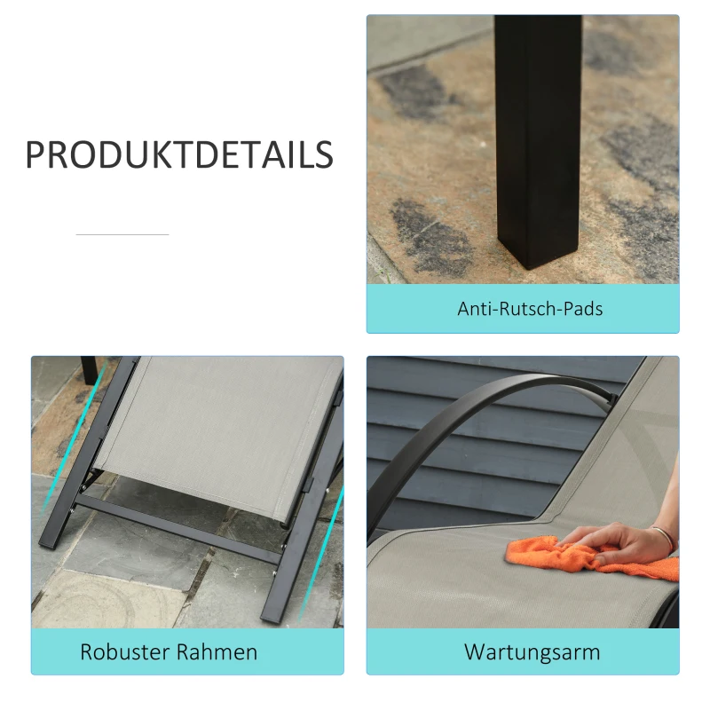 Outsunny 3-delige tuinligstoelenset, 2 ligstoelen & 1 bijzettafel, metalen frame, grijs+zwart