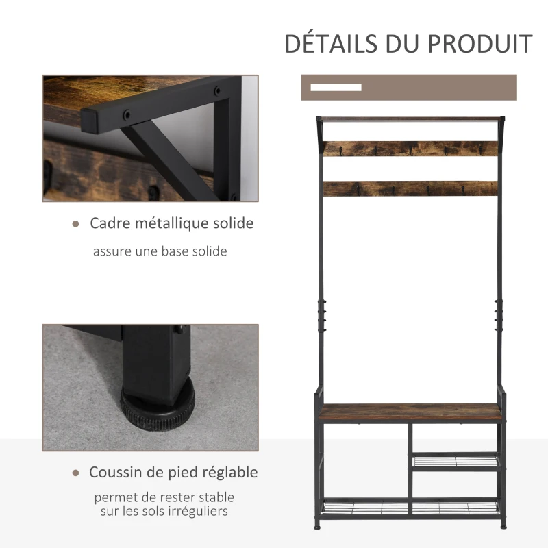 HOMCOM Meuble d'entrée 3 en 1 avec porte-manteau range-chaussures et banc 3 étagères 84 x 34,5 x 180 cm marron et noir