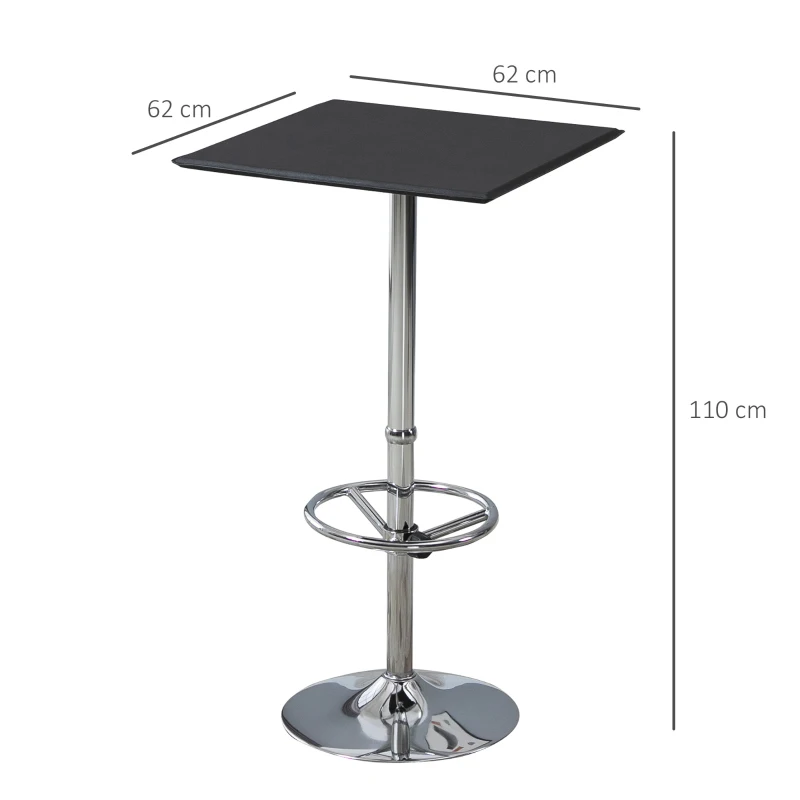 HOMCOM Mesa Alta de Bar Cuadrada con Reposapiés Ajustable y Marco de Metal para Salón Comedor 62x62x110 cm Negro y Plata