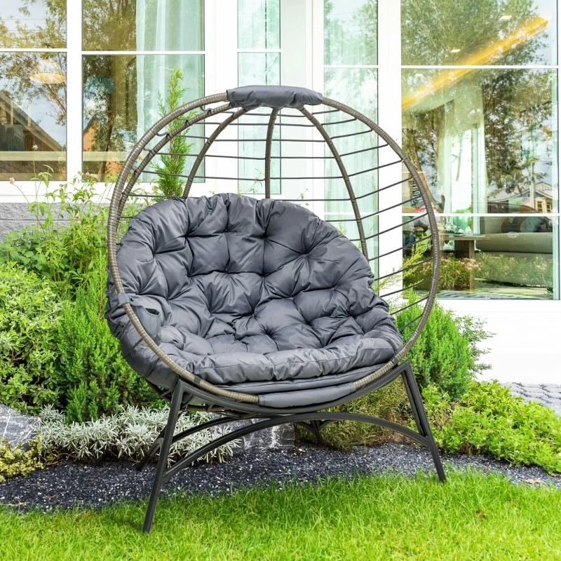 Outsunny Folding Rattan Egg Chair, Freestanding Basket Chair with Cushion, Bottle Holder Bag for Outdoor or Indoor, Grey