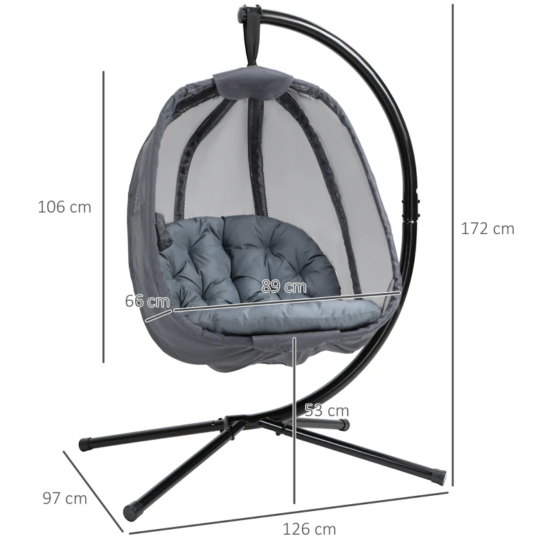 Outsunny Hanging Egg Chair, Folding Texteline Swing Hammock with Side Pocket, Cushion and Stand for Indoor Outdoor, Patio Garden Furniture, Grey