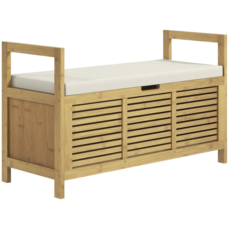 HOMCOM Banc de rangement avec compartiment caché sous assise pour entrée coussin et accoudoir 100 x 40 x 60 cm naturel