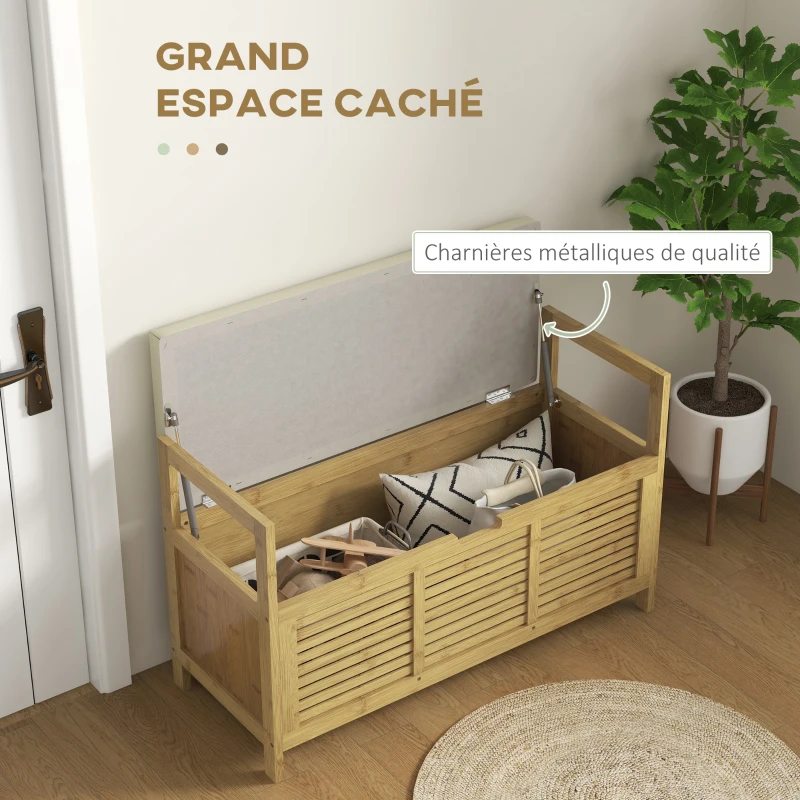 HOMCOM Banc de rangement avec compartiment caché sous assise pour entrée coussin et accoudoir 100 x 40 x 60 cm naturel