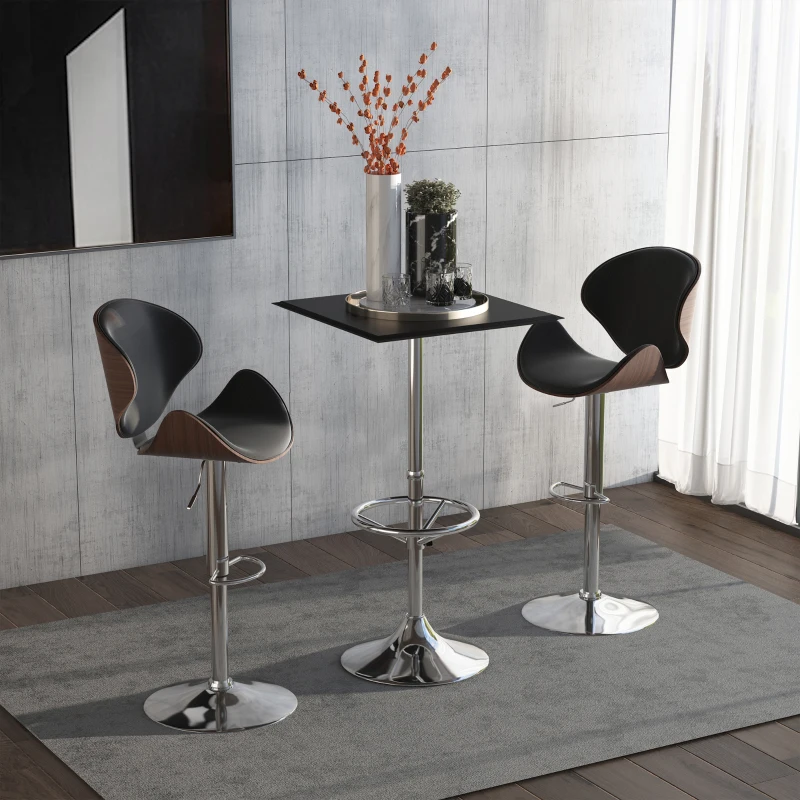 HOMCOM Mesa Alta de Bar Cuadrada con Reposapiés Ajustable y Marco de Metal para Salón Comedor 62x62x110 cm Negro y Plata