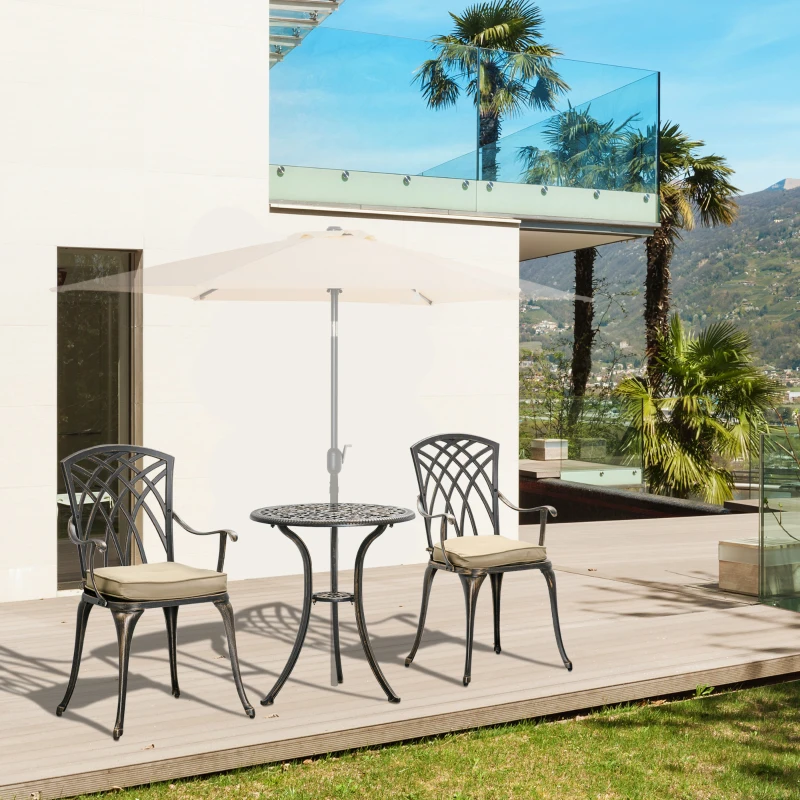 Outsunny 3 Piece Cast Aluminium Garden Bistro Set for 2 with Parasol Hole, Outdoor Coffee Table Set with Cushions - Bronze