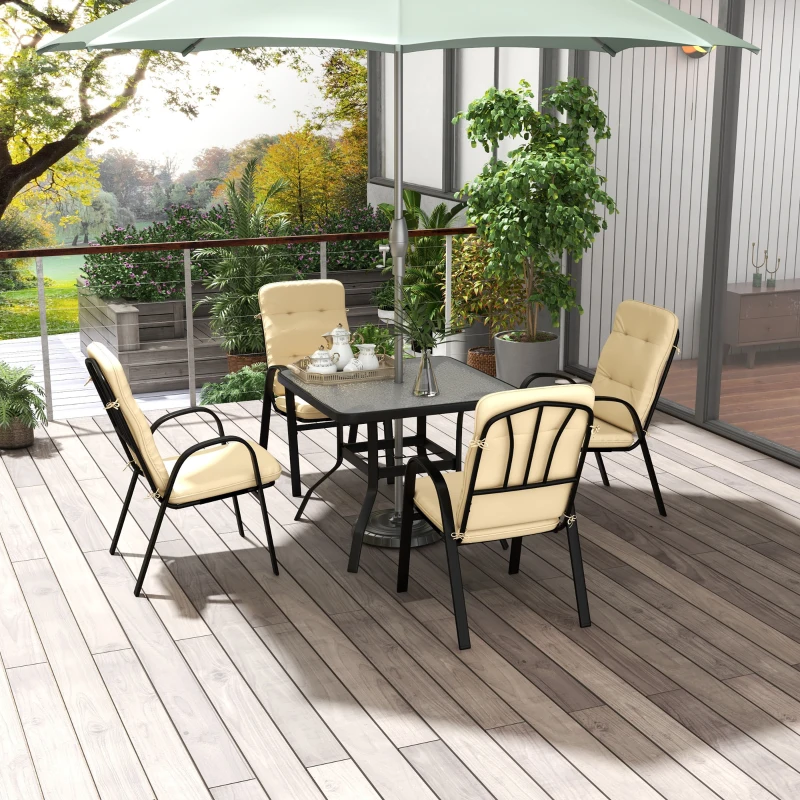 Outsunny 5 Pieces Outdoor Square Garden Dining Set w/ Tempered Glass Dining Table 4 Cushioned Armchairs, Umbrella Hole, Beige