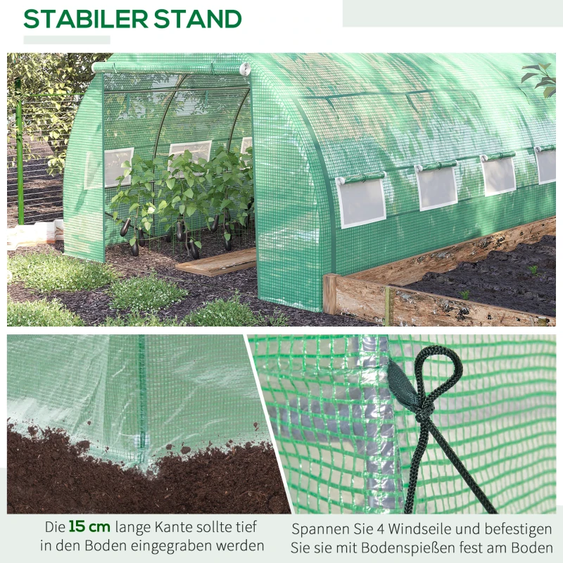 Outsunny Bezoekbare Foliekas, Tuinkas, met Netramen, Metalen Frame, 4x3x2m, Groen