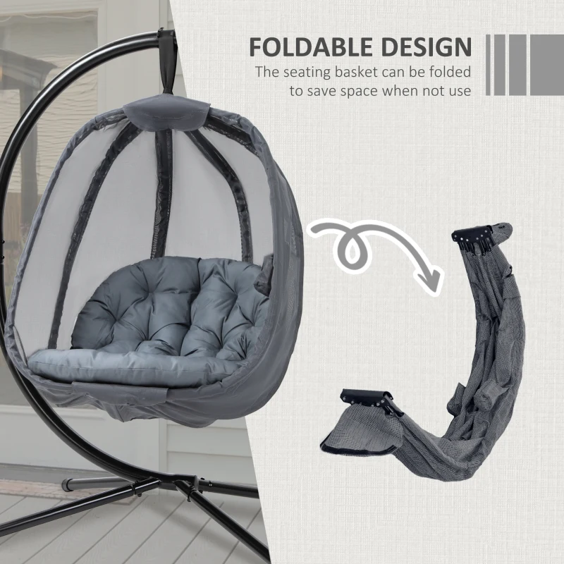 Outsunny Hanging Egg Chair, Folding Texteline Swing Hammock with Side Pocket, Cushion and Stand for Indoor Outdoor, Patio Garden Furniture, Grey