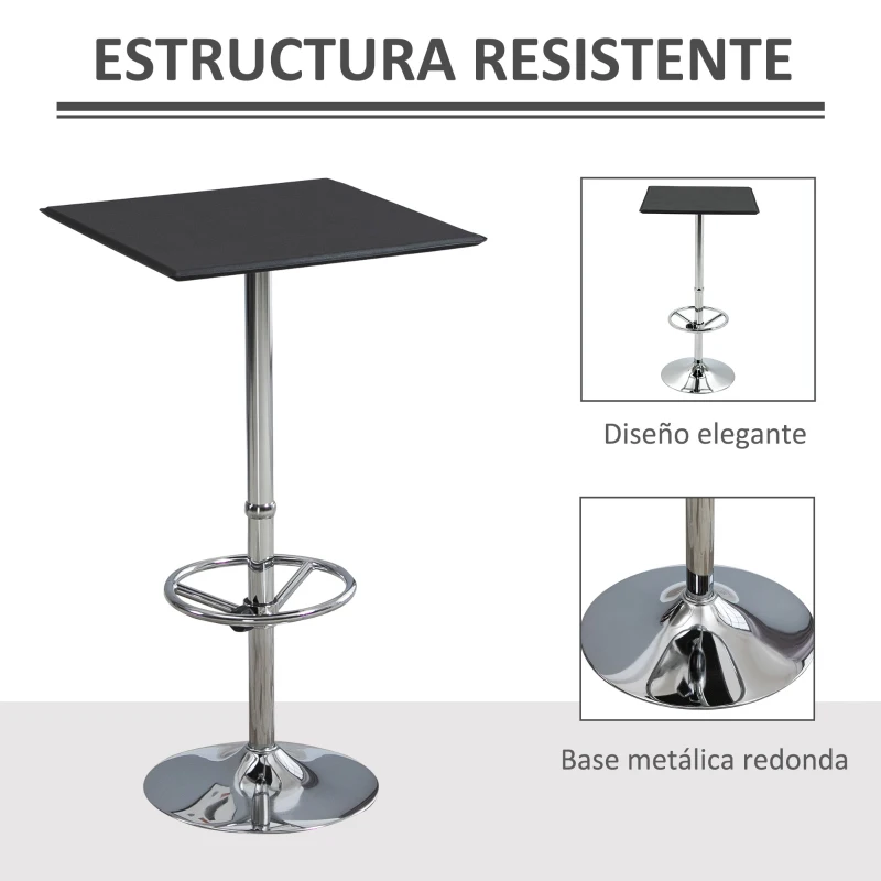 HOMCOM Mesa Alta de Bar Cuadrada con Reposapiés Ajustable y Marco de Metal para Salón Comedor 62x62x110 cm Negro y Plata