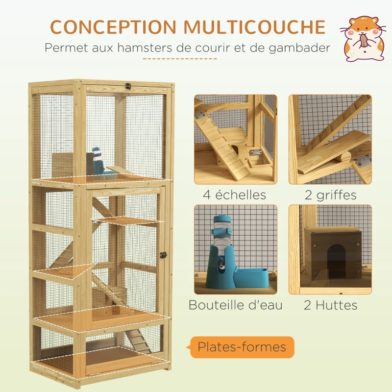 PawHut Cage pour hamsters ou petits animaux en bois 5 niveaux avec échelle niche balançoire 54 x 38 x 131 cm naturel