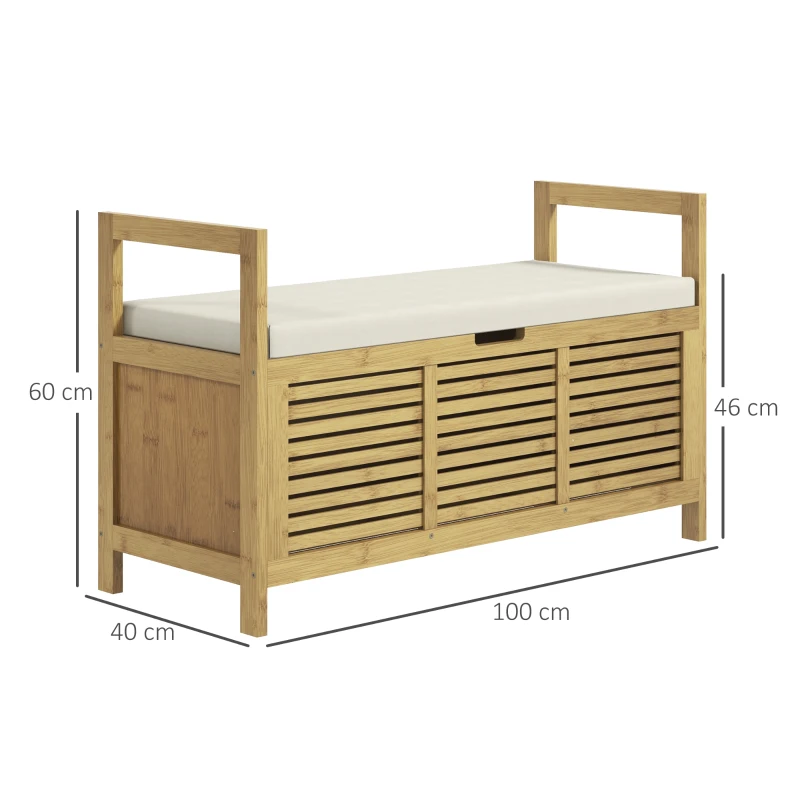 HOMCOM Banc de rangement avec compartiment caché sous assise pour entrée coussin et accoudoir 100 x 40 x 60 cm naturel