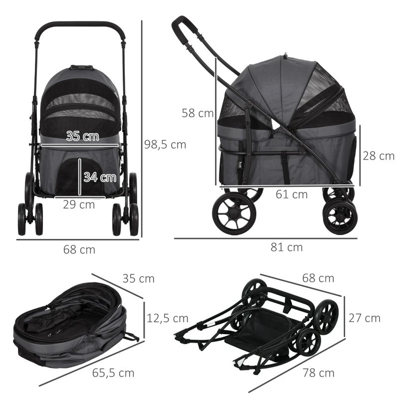 PawHut Carrinho para Animais de Estimação 2 em 1 Dobrável com Almofadado e Estrutura de Aço 81x68x98,5 cm Cinza Escuro