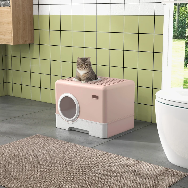 PawHut Caixa de Areia para Gatos com Pá Bandeja Removível 2 Portas Entrada Frontal e Saída Superior 52x41x38,5 cm Rosa