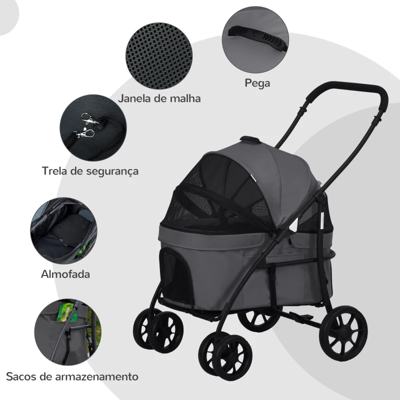 PawHut Carrinho para Animais de Estimação 2 em 1 Dobrável com Almofadado e Estrutura de Aço 81x68x98,5 cm Cinza Escuro