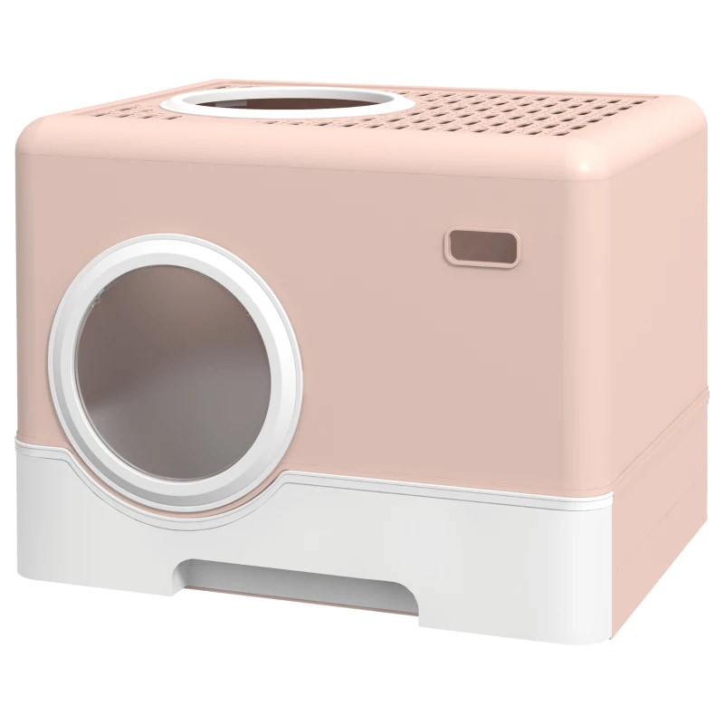 PawHut Caixa de Areia para Gatos com Pá Bandeja Removível 2 Portas Entrada Frontal e Saída Superior 52x41x38,5 cm Rosa
