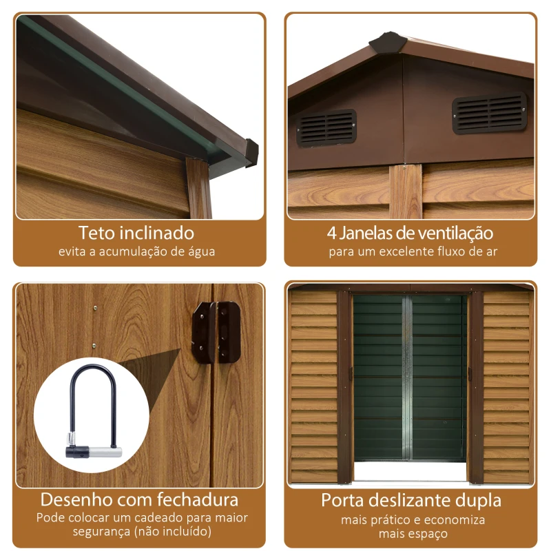 Outsunny Abrigo de Jardim 3m² 152x235,7x208,7 cm Abrigo de Jardim com 2 Portas de Correr e 4 Janelas de Ventilação Madeira e Marrom