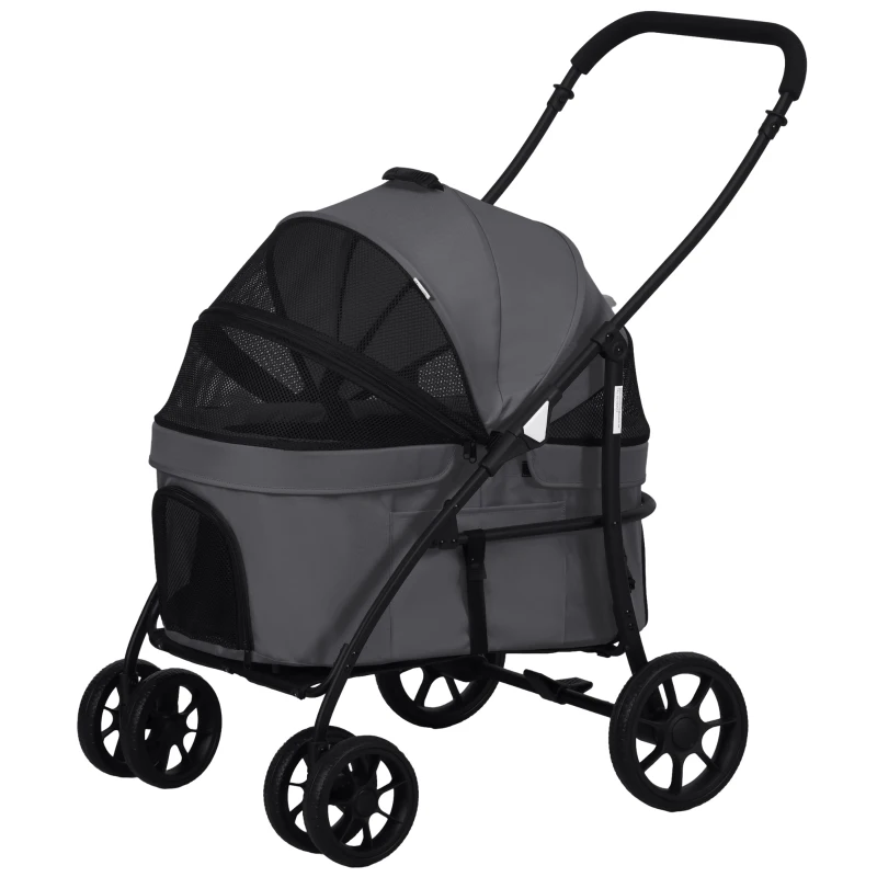 PawHut Carrinho para Animais de Estimação 2 em 1 Dobrável com Almofadado e Estrutura de Aço 81x68x98,5 cm Cinza Escuro
