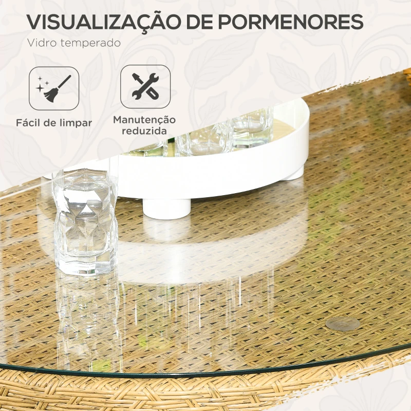 Outsunny Conjunto de Refeição de Vime Sintético de 7 Peças Inclui 6 Cadeiras com Almofadas e Mesa de Vidro Temperado Natural