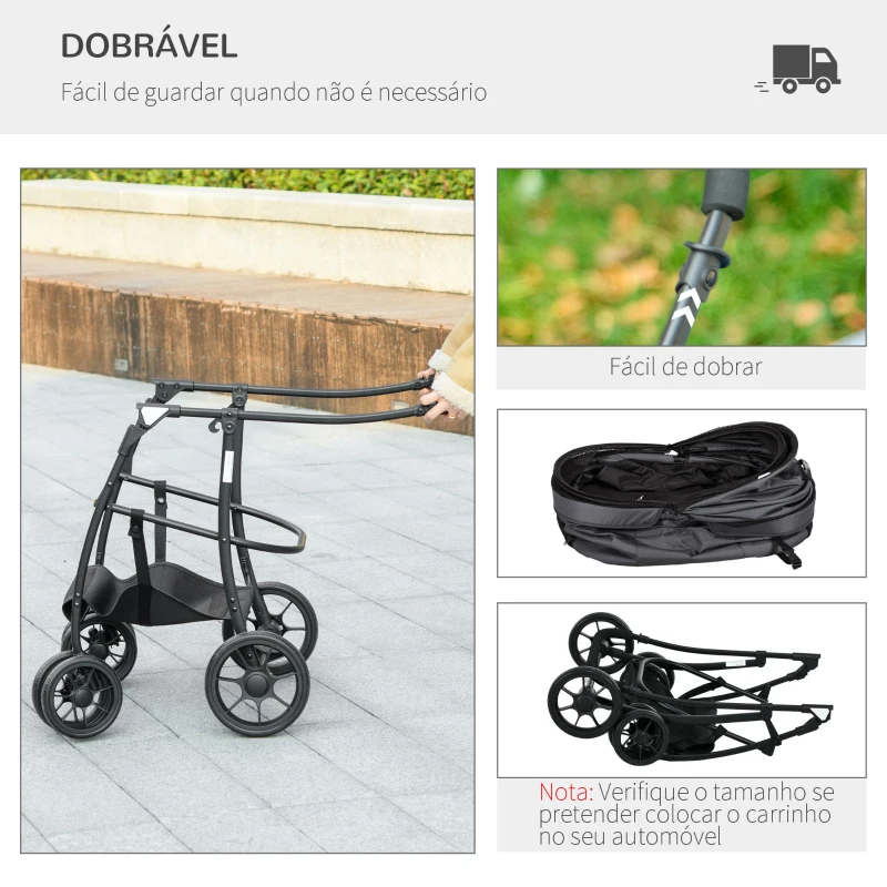 PawHut Carrinho para Animais de Estimação 2 em 1 Dobrável com Almofadado e Estrutura de Aço 81x68x98,5 cm Cinza Escuro