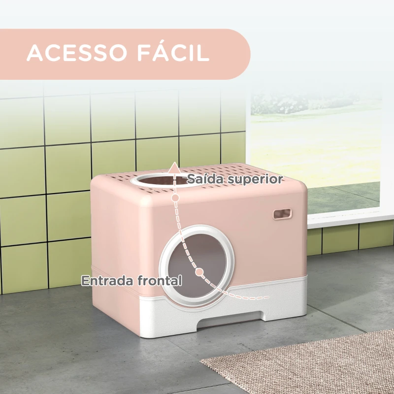 PawHut Caixa de Areia para Gatos com Pá Bandeja Removível 2 Portas Entrada Frontal e Saída Superior 52x41x38,5 cm Rosa