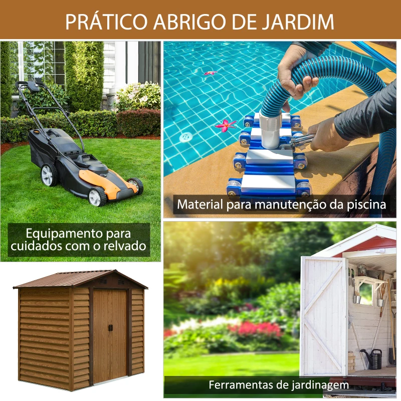 Outsunny Abrigo de Jardim 3m² 152x235,7x208,7 cm Abrigo de Jardim com 2 Portas de Correr e 4 Janelas de Ventilação Madeira e Marrom