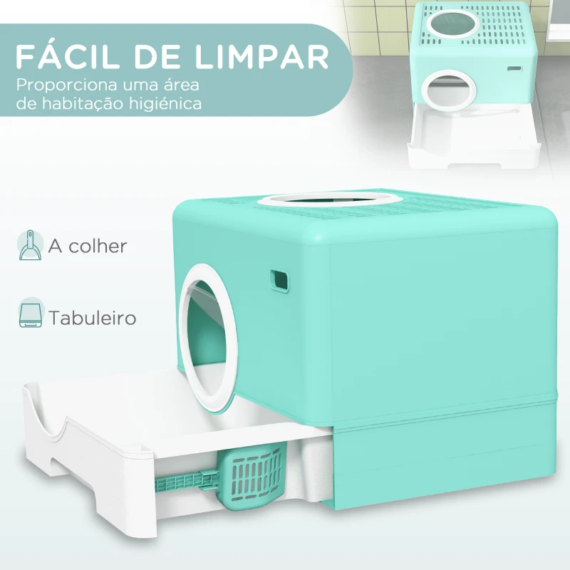PawHut Caixa de Areia para Gatos com Pá Bandeja Removível 2 Portas Entrada Frontal e Saída Superior 52x41x38,5 cm Verde