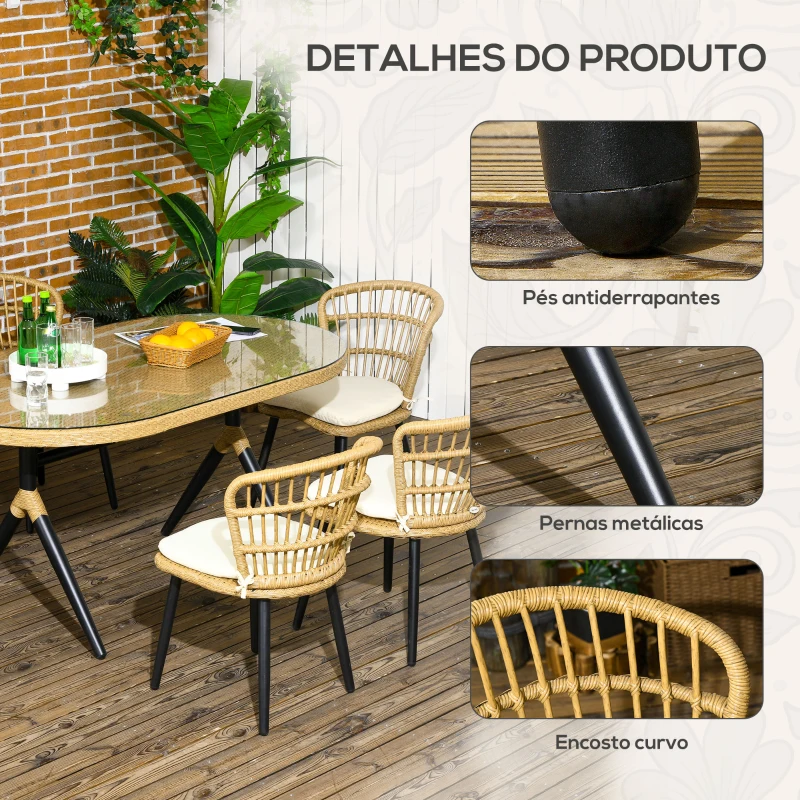 Outsunny Conjunto de Refeição de Vime Sintético de 7 Peças Inclui 6 Cadeiras com Almofadas e Mesa de Vidro Temperado Natural